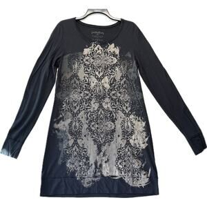 PERUVIAN CONNECTION Pima Cotton Dress Women's Size M Black Greige Boho Art Print